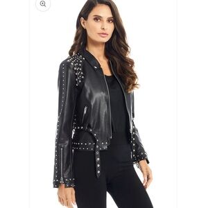 ADORE Black Faux Leather Studded Moto Jacket w. Belt. NWT “AS IS” SIZE XL